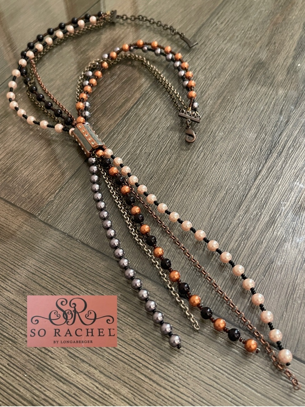 LONGABERGER SO RACHEL SPLINT LARIAT NECKLACE WITH CRYSTAL TACKHEADS